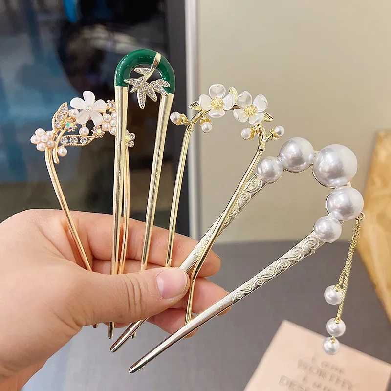 New Retro Temperament Pearl U-shaped Hairpin Pill Head Plate Hair Ware Hairpin Hairpin Headwear Wholesale