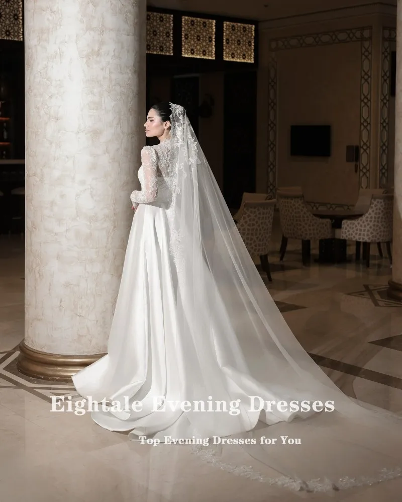 Abito da sposa arabo Eightale personalizzato bianco avorio a-line in pizzo maniche lunghe abito da sposa in raso musulmano Robe De Mariée