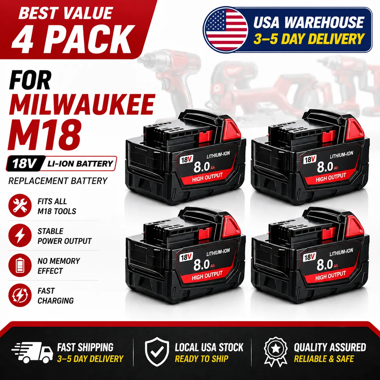 18V 8Ah Lithium Ion Battery Pack Compatible with Milwaukee M18, Replacement Battery for 48-11-1880 Cordless Power Tools, 1/2/4 Pack Options