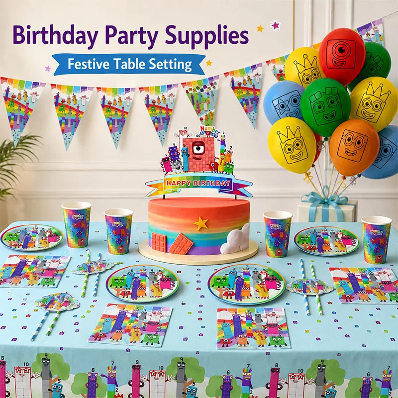 Décorations de fête sur le thème des chiffres, assiettes jetables en forme de blocs de construction, gobelets, pailles, drapeaux pour gâteaux, ballons, fond, fournitures pour fête de vacances.