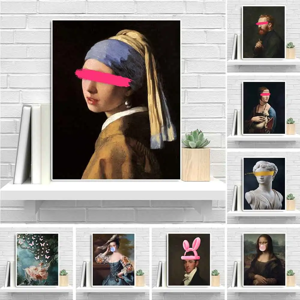 

Funny Rabbit Ears Henry Rice Portrait Poster Mona Lisa Graffiti Canvas Painting Trendy Pop Madame Grand Wall Art Room Home Decor