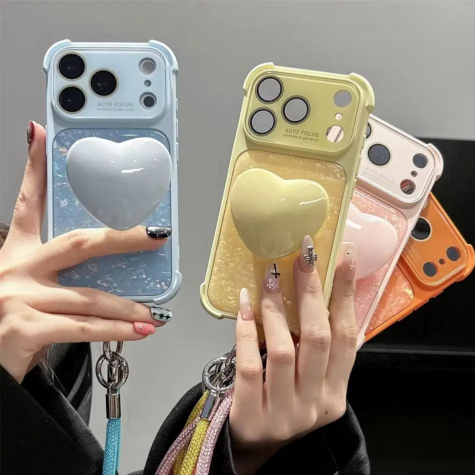 Glam Shimmer Iridescent Shell Foil Phone Case for 17 Pro Max Heart Holder Stand Hand Strap Protective Cover for iPhone 16 15