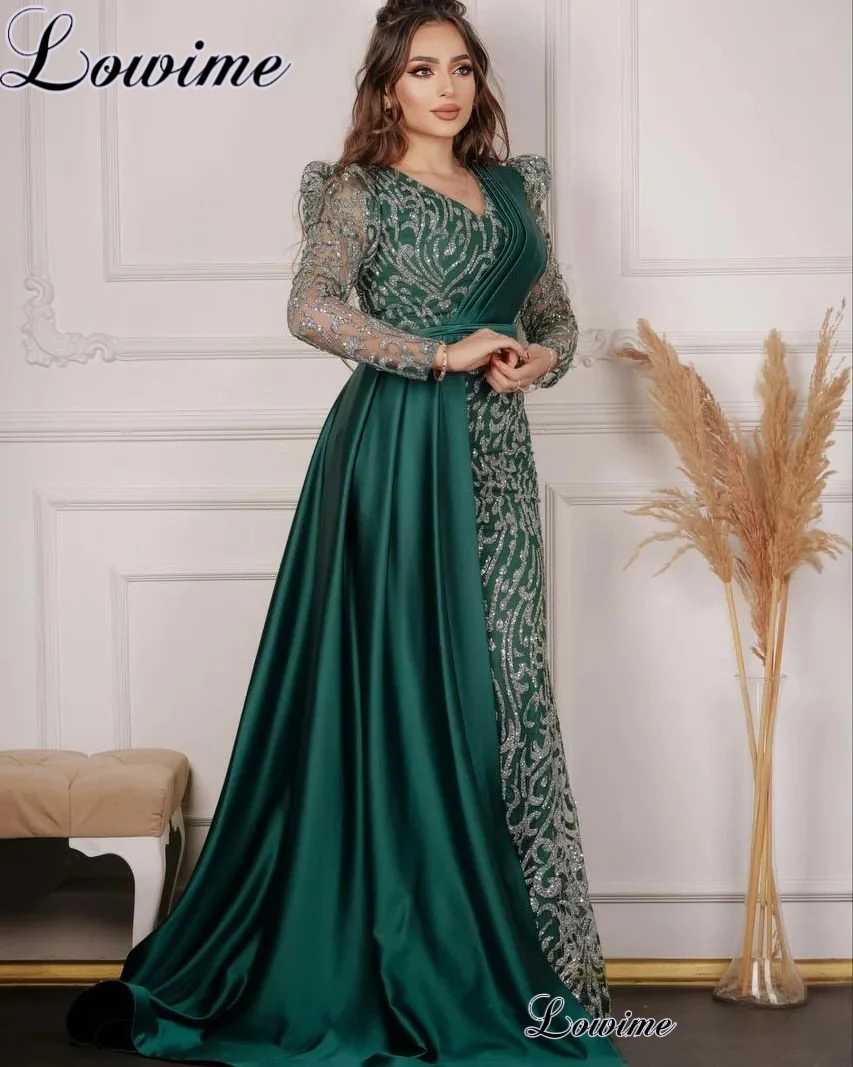 Plus Size Green Evening Dresses Arabic Long Sleeves Formal Occasion Dresses Middle East Wedding Guests Dresses Robes De Soirée