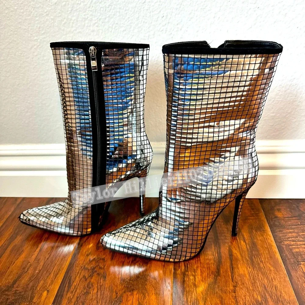 

2026 New Silver Shiny Glitter High Heel Boots Women'S Pointed Narrow Heel Side Zipper Stage Boots Sexy Role Playing Calf Boots