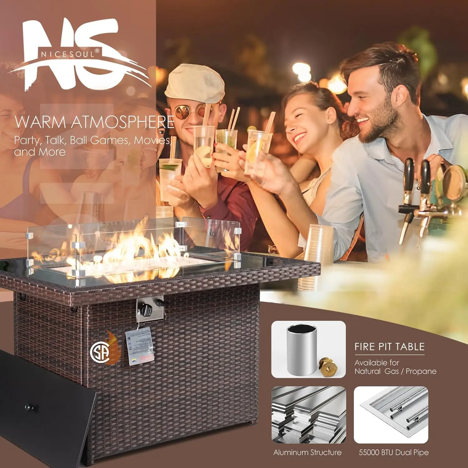 All-Weather PE Wicker Outdoor Fire Pit Table, Propane Natural/Gas 55,000 BTU 43'' Rectangular Firepit Aluminum Frame