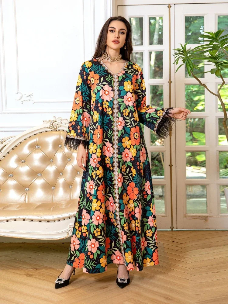 Eid Arab Muslim Party Dress for Women Abaya Feather Print Jalabiya Long Dresses Morocco Kaftan Vestidos Dubai Ramadan Gown Robe