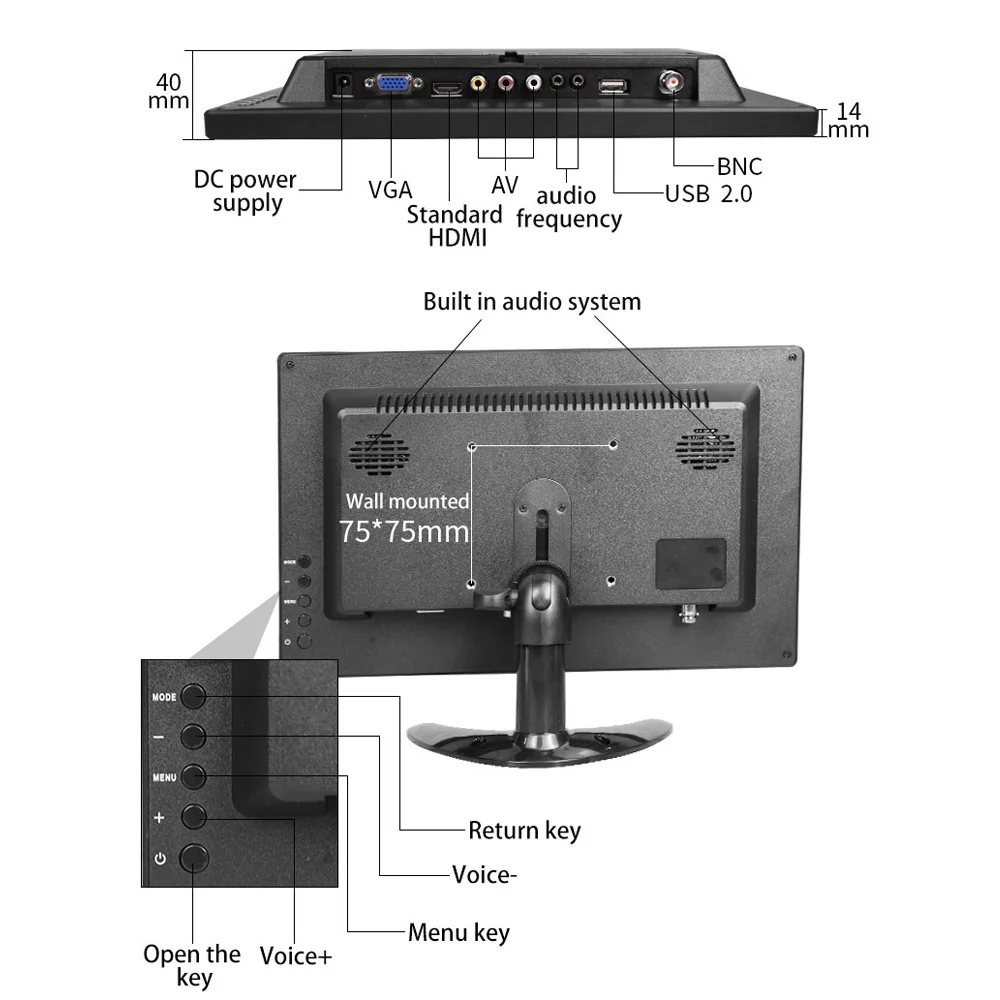 10.1/11.6/13.3-inch monitor, 16:9, 60Hz, built-in audio, industrial embedded, monitoring, car display screen, AV/VGA/HDMI input