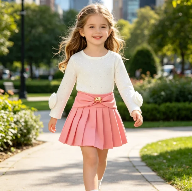 Girls' Suit 2026 Spring and Autumn New Children's Wear Girls' Baby Three-dimensional Flower Top Bow Pleated Skirt Two-piece Set