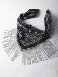 Hair Scarf Satin Paisley Print Bandana Rhinestone Tassel Disco Headbands Women Square Kerchief Hair Band Girls Hair Accessories