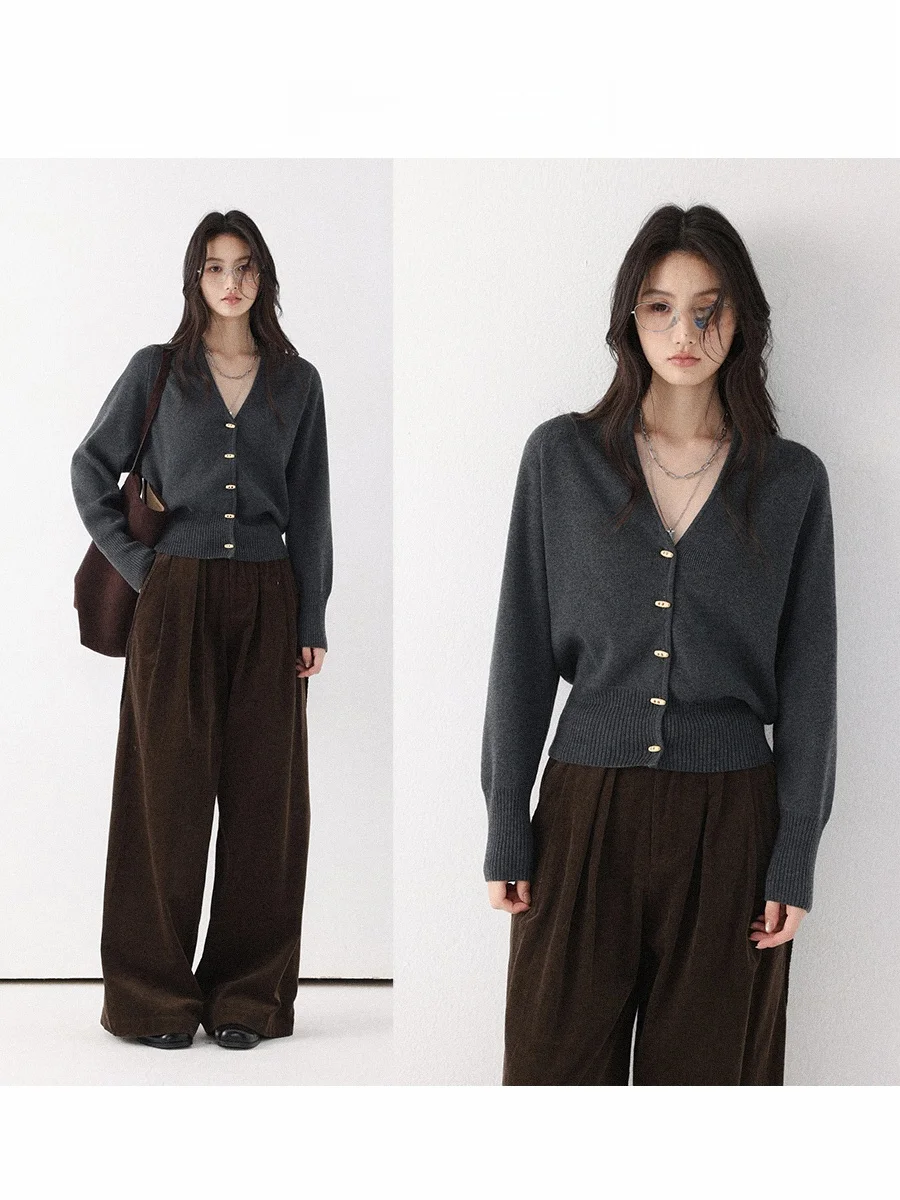 

CHACHASTU Women's Knitted V-Ne Open Cardigan Pure Color Deep V-Ne Elastic Hem Small Bull Horn Button Long Sve Sweater