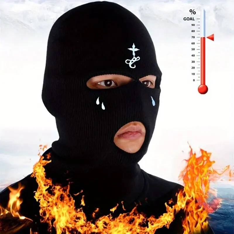 Cross Embroidery Ski Mask Winter Balaclava Hat 3-Hole Knitted Full Face Cover Neck Gaiter Warm Beanie for Outdoor Sport