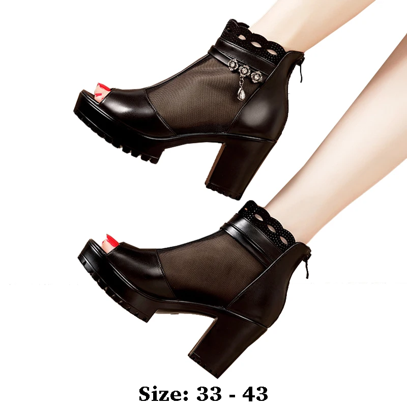 

High quality leather sandals for women 6cm 8cm high heel new 2025 summer size 33 34 platform open toe elegant fashion shoe black