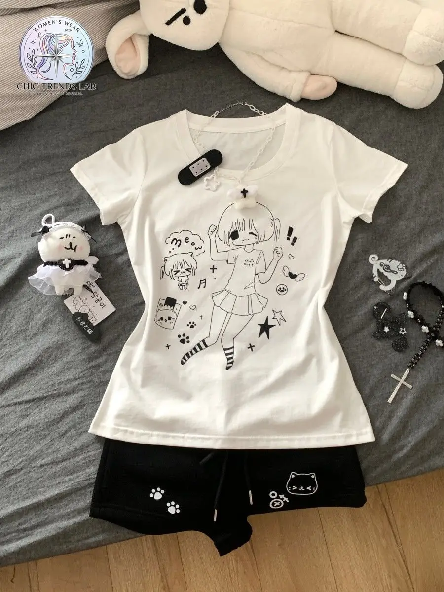Y2K Anime Graphic Baby Tee Women Harajuku Cute Line Art Print T Shirt J Goth Kawaii Aesthetic Slim Fit Regular Shoulder Tshirt