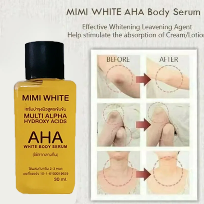 

Mimi White Thai Serum AHA Body Serum, Fade Black Spots And Scars, Lightens Black Skin Under Arms, Knees, Ankles 30 ml