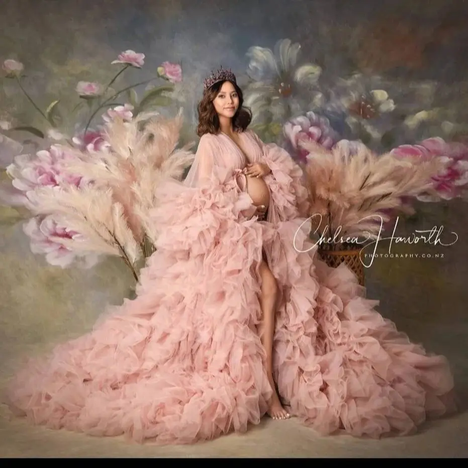 Extra inchado rosa roupões de maternidade em camadas babados mangas compridas gravidez fotografia vestidos sexy personalizado vestidos de chuveiro do bebê