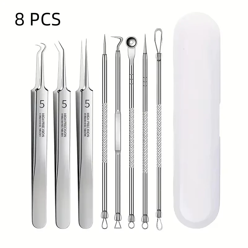 8PCS Rvs Acne Clip Set Comedondrukker Tool Comedo Extractor Puistje Popper Schoonheidssalon Acne Naald Gezichtsverzorging