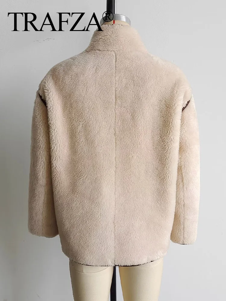 TRAFZA 2024 Winter Female Beige Casual Thick Faux Fur Coat Fashion Woman With Buttons Long Sleeve Fleece Jacket Outerwear