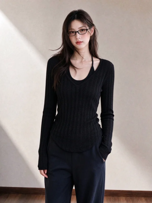 Korean Style Long Sleeve Hollow out Neck T-Shirt Women's Autumn Fake Two-Piece Design Sensation Suitable for Single Wear Cold...