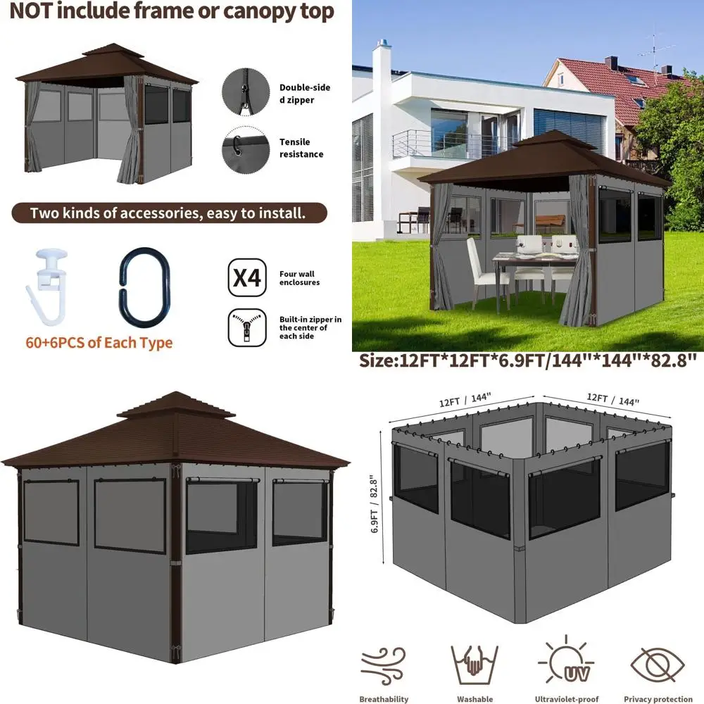 

Universal 12'x12' Outdoor Waterproof Gazebo Curtains, 4-Panel Sidewalls with Zipper and Mesh Windows