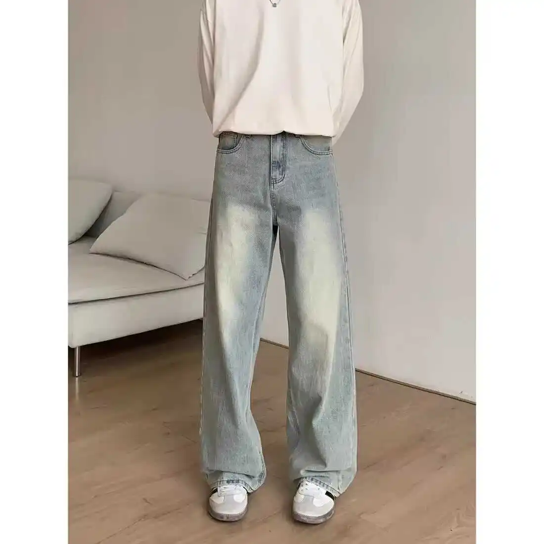 

Классические американские мужские джинсы с эффектом потертости, осенне-зимние, стильные, прямого кроя, с высокой талией, длинные брюки