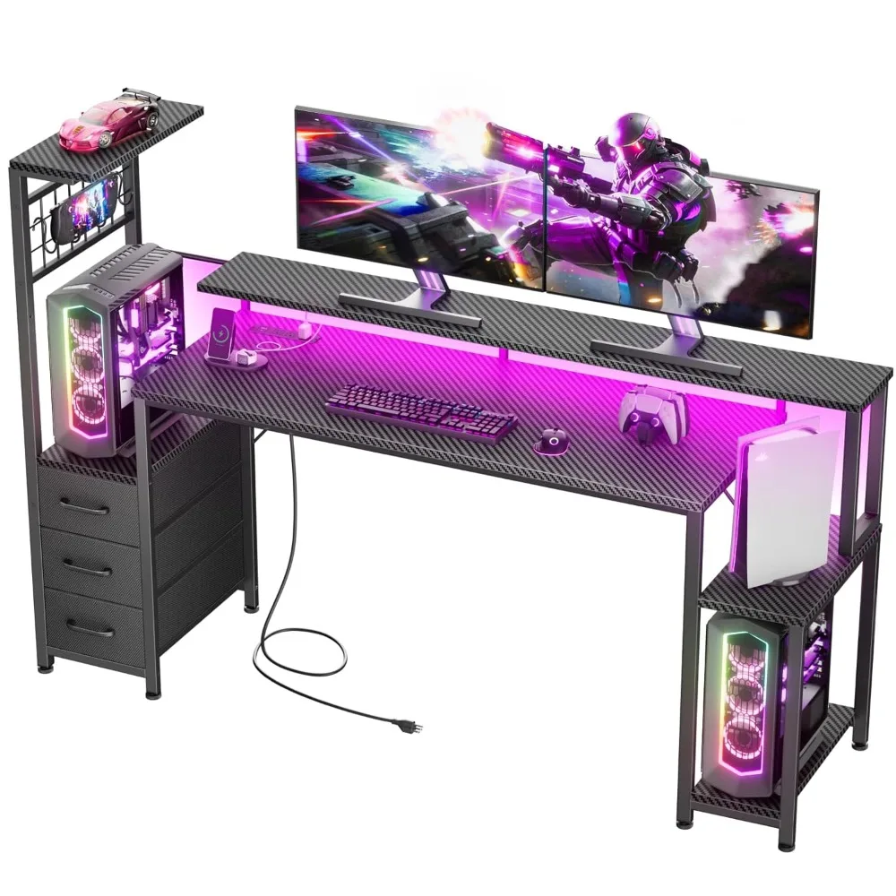 

63 Inch Gaming Desk with LED Lights & Power Outlets,Computer Desk with Fabric Drawers & Side Hook,Reversible Gamer Table
