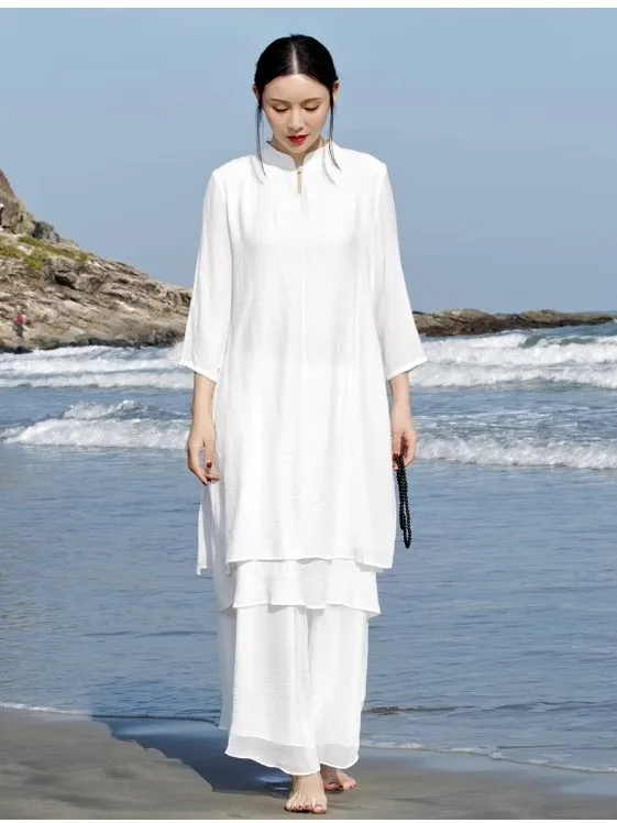 New Chinese Style Tai Chi Clothes Zen White Cotton Linen Set Eight Section Silk Practice Uniforms Women's Fashion Traditional...