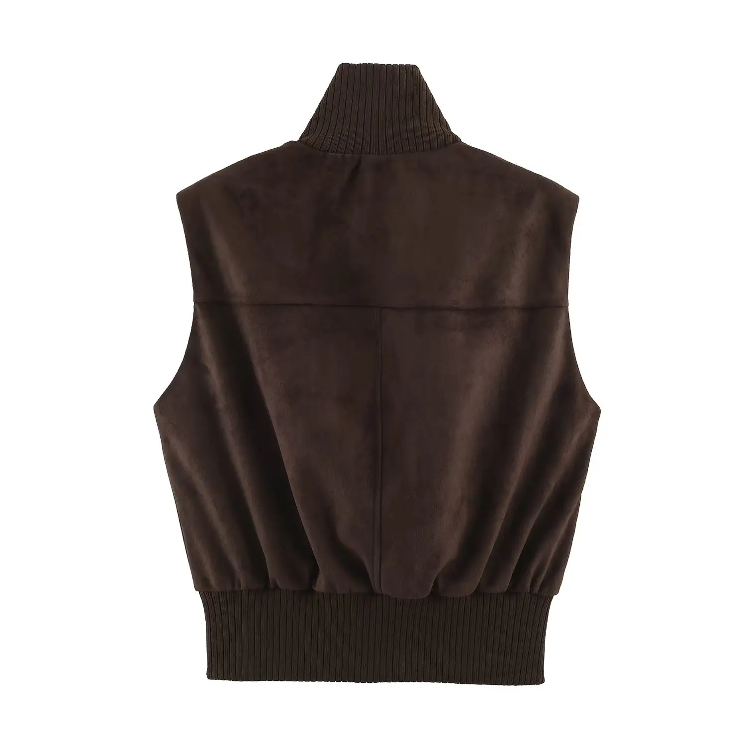 BSAY 2026 New Women Streetwear Faux Suede Sleeveless Vest Rib Stand Collar Zip Front Pocket Cropped Cargo Waistcoat For Autumn