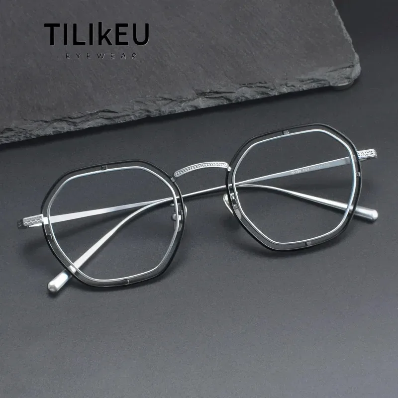

Pure Titanium Glasses Frames Vintage Textured Double Rim Polygonal Designer Men and Women Ultra-Light Comfort Eyeglasses Frames