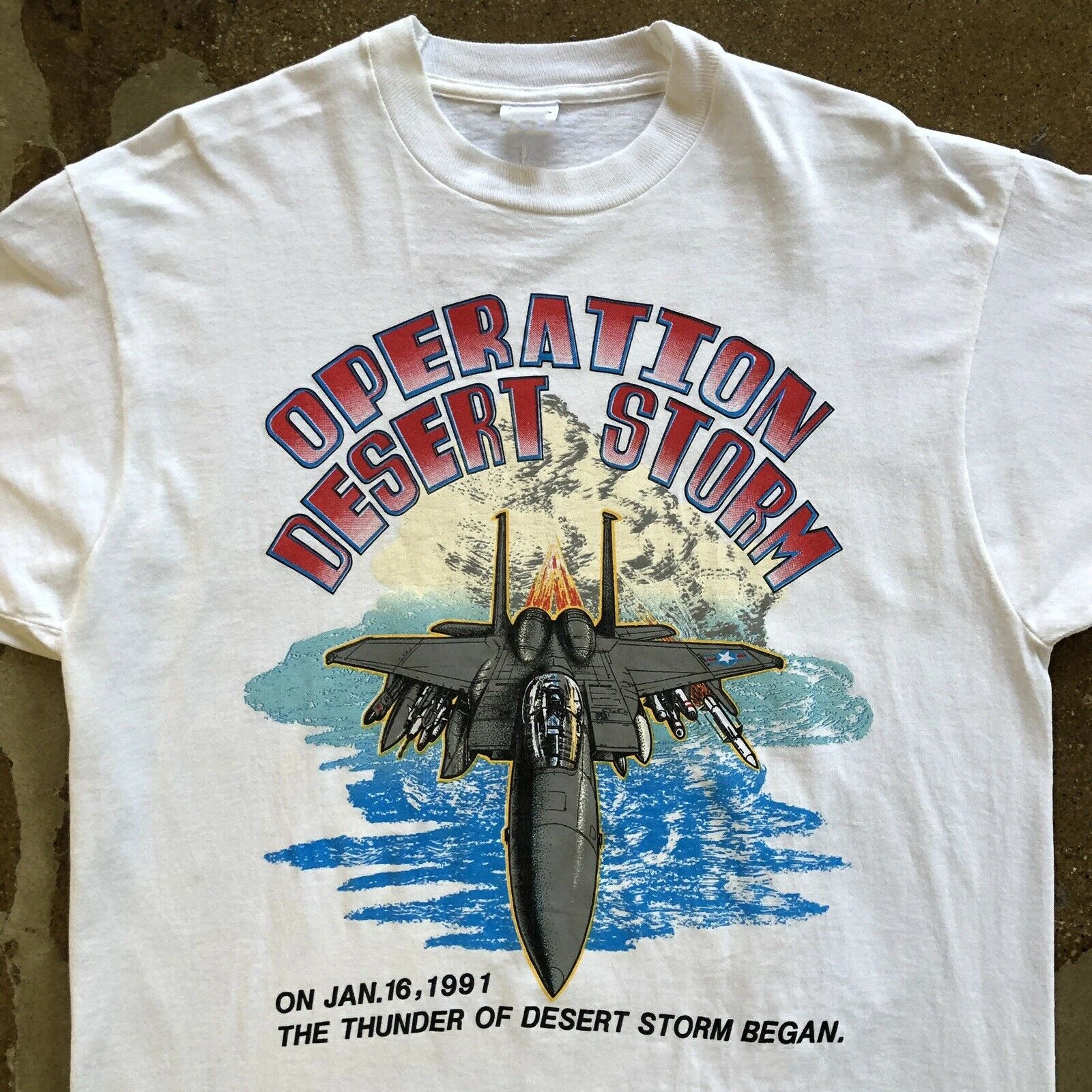 Vintage Operation Desert Storm 90s Fighter Jet Graphic Men's Short Sleeve 100% Cotton Casual T-shirts Loose Top Size S-3XL