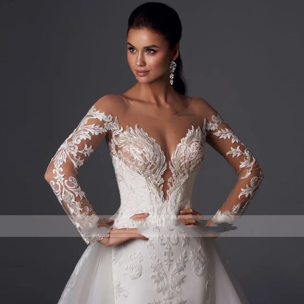 Flavinke Свадебные платья русалки по индивидуальному заказу Милое свадебное платье с длинными рукавами и аппликацией со съемным шлейфом