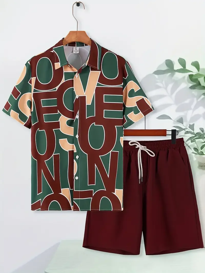 

Hawaiian Shirt Set Men's 3D Printed Letter Painting Pattern Summer Neutral Fashion Casual Simple Style Shirt+Shorts 2 Piece Set