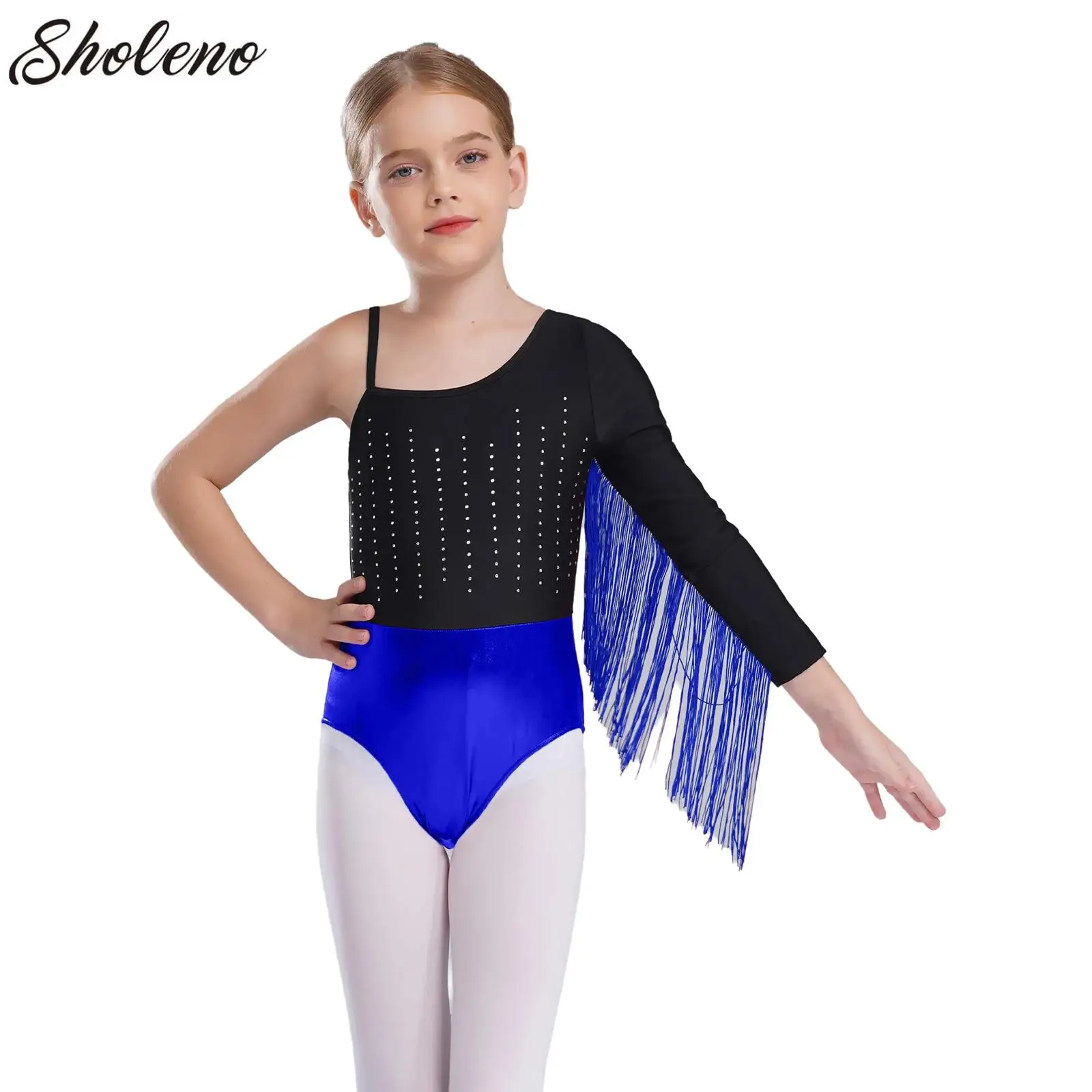 

Kids Girls Rhythmic Gymnastic Tassel Dance Leotard Color Block Rhinestone Artistic Figure Skating Bodysuit Ballet Jersey Costume