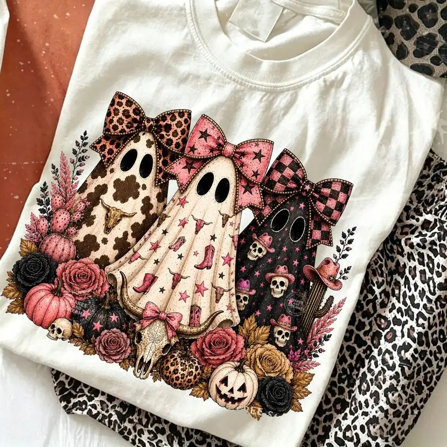 Women's Western Ghost Pumpkin Bow Spooky Season Halloween Graphic Print T‑Shirt Crew Neck Short Sleeve Casual Tee Top