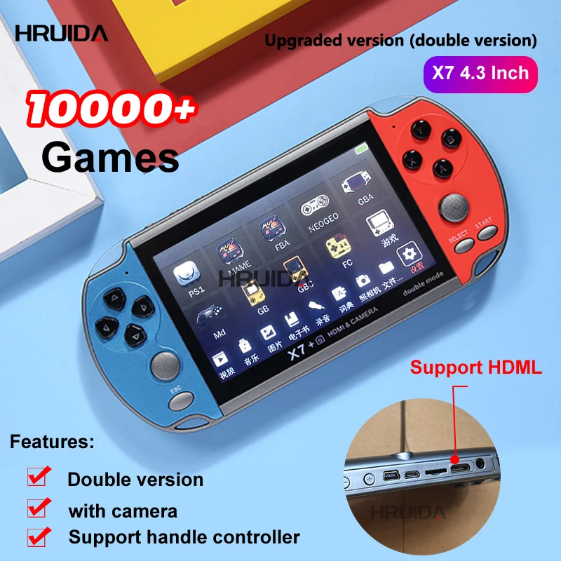 X7+4.3-inch Video Game Console Two Hand Handle Handheld Retro Game Console With Built-in 10000+games HD Video Support controller