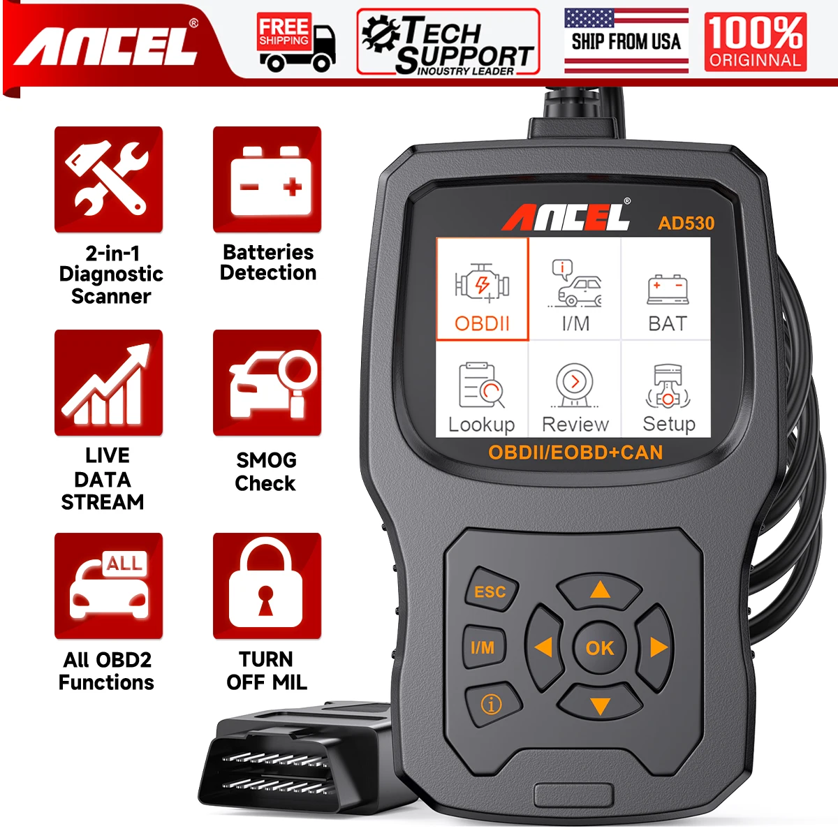 ANCEL AD530 OBD2 Scanner Diagnostic Tool with Battery Test Car Engine Light Code Reader Scan Tool All OBD2 Function