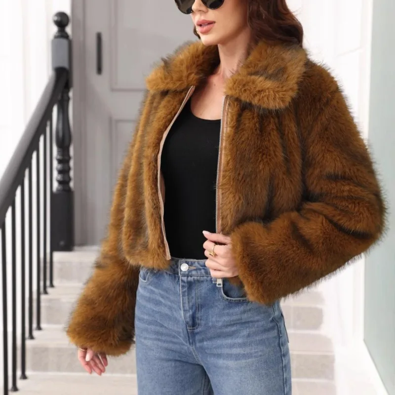 2025 겨울 여성용 인조 여우털 롱 슬리브 턴다운 칼라 코트, 따뜻한 솔리드 컬러 인조 모피 루즈핏 코트, 퍼 탑