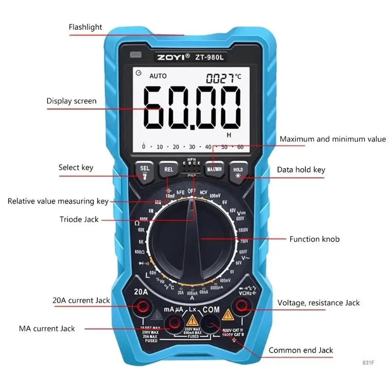 Digital Multimeter 6000 Count Transistor Test Frequncy Diode Triode Temperature Inductance Test Current for Engineering