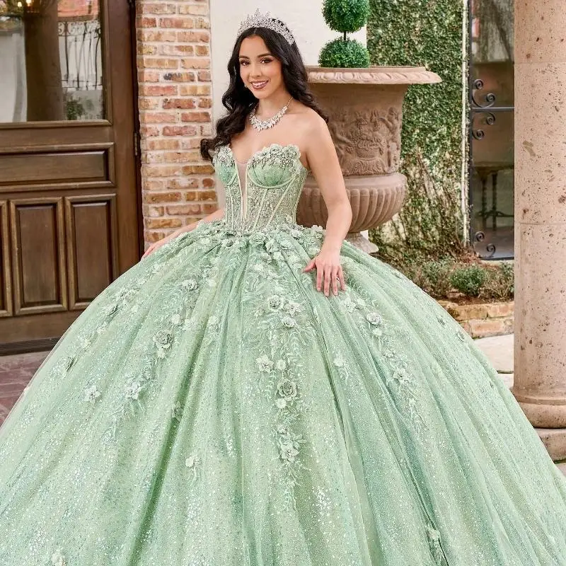 Sage Green Shiny Quinceanera Dress Off The Shoulder Mexican Vestidos De 15 Princess Sweet 16 Birthday XV Ball Gown Cinderella