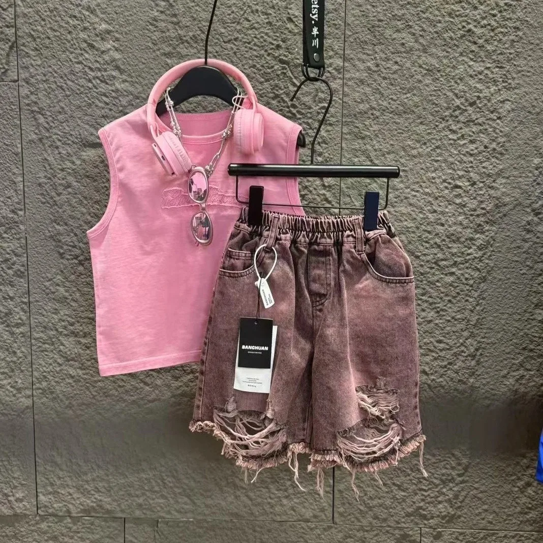 

Summer Boys Clothing Set New Children's Fashion Korean T-shirt+ Ripped Denim Shorts Two Piece Set