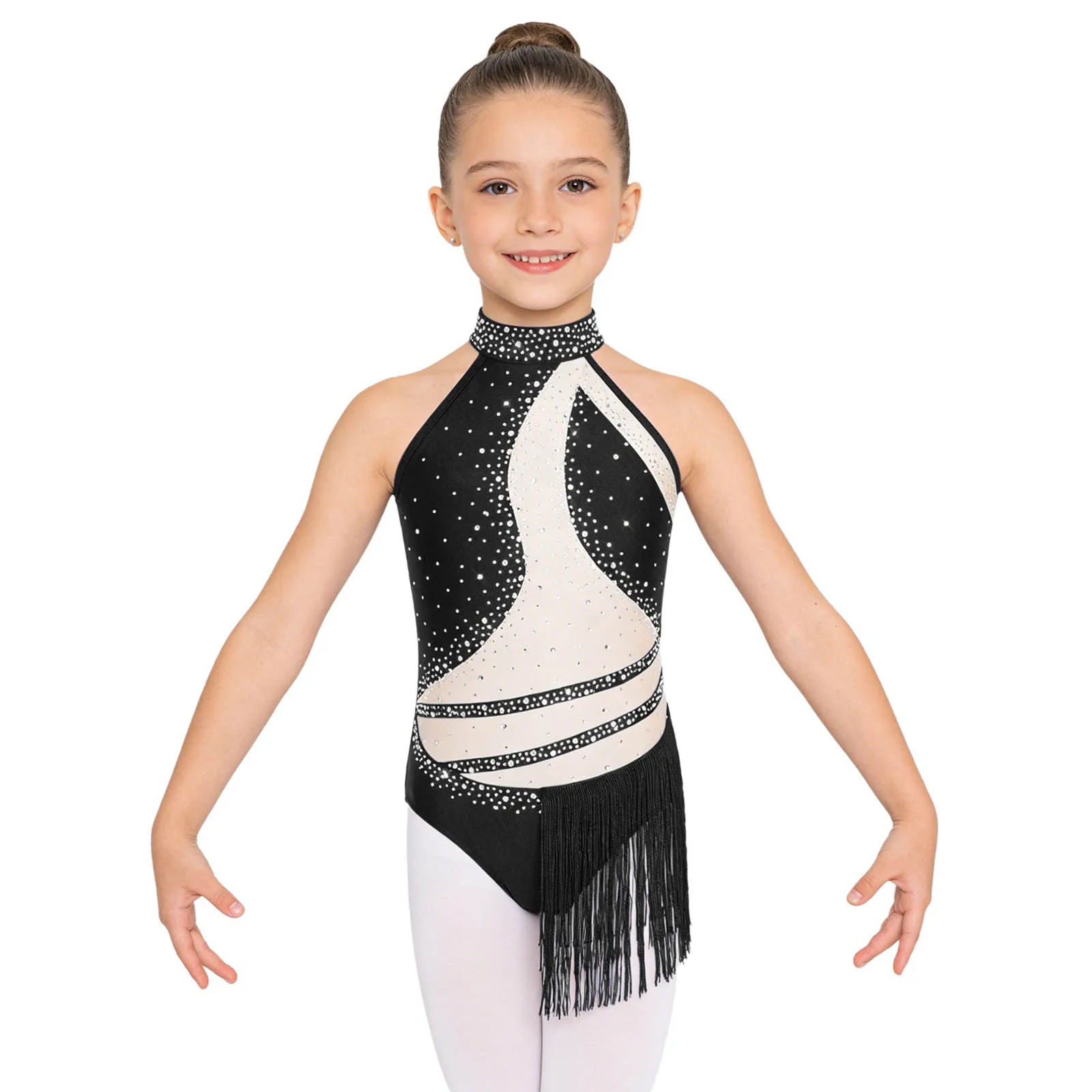 Teens Tassel Latin Dance Leotard Kids Girls Jumpsuits Children Sparkly Color Block Fringed Tango Dancing Bodysuit Dancewear