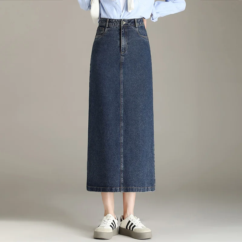 

Fall Winter Women's Vintage Denim Blue Pencil Skirt Simple Fashion Back Slit High Waist Ladies S-3XL Size Mid-Calf Skirt