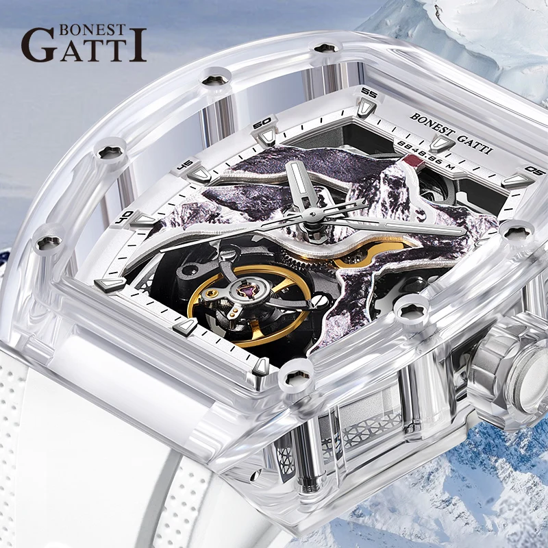 

BONEST GATTI 6001 Automatic Mechanical Watches Mount Everest Watch Dial Wine Barrel Type Hollow Waterproof Trend Watches For Men