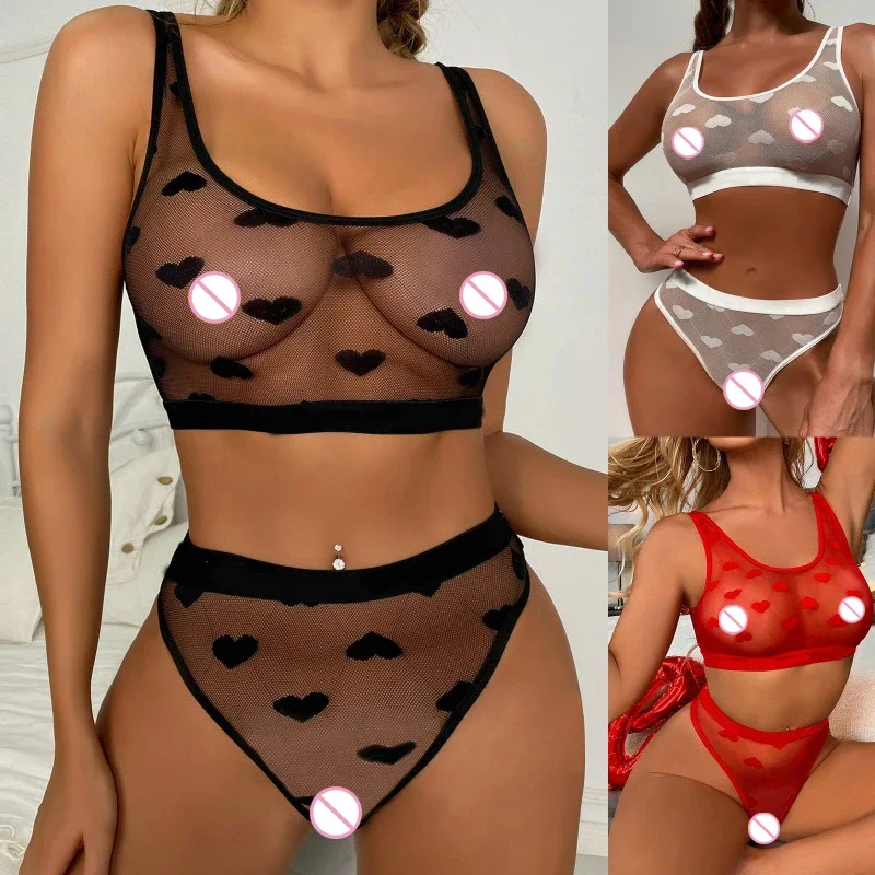 

Hot Sale Two Piece Set of Mesh Love Printed Erotic Lingerie Women's Bra and Panty Set Sexy Lingerie Sexy Panties Transparent Bra