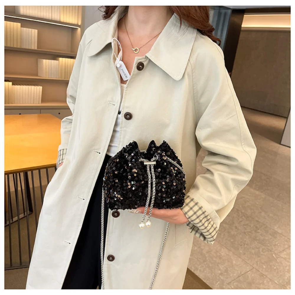 Fashion Sequin Women's Bucket Bag Personality Drawstring Crossbody Bag Trendy Chain Shoulder Bag Shiny Banquet Party Evening Bag