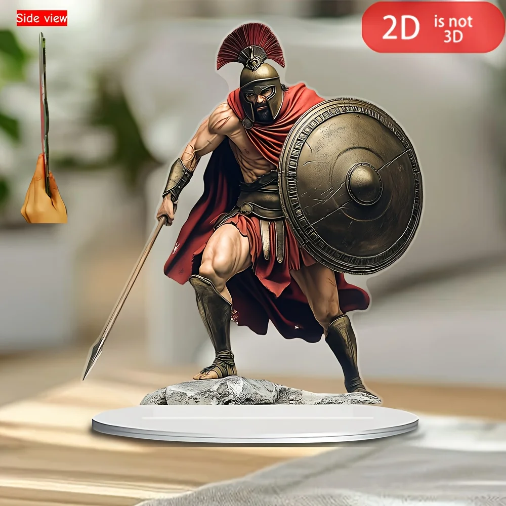 Ancient Greek Spartan Warrior Acrylic Table Ornament, 2D Hoplite With Helmet, Spear And Round Shield Desktop Decor