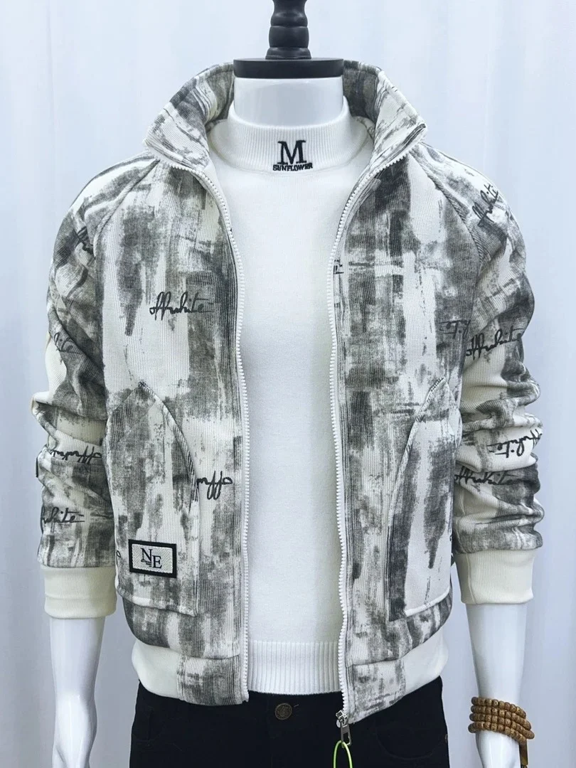 

Autumn Winter Thiened Corduroy Print Stand Collar Jaet for Men Casual Sli Trendy Outerwear Warmth Polyester Fiber