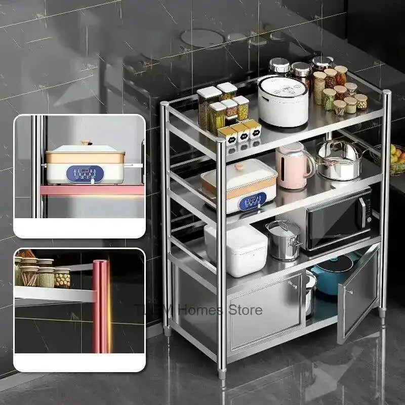 Kitchen Multi-layer Kitchen Furniture Steel Kitchen Cupboard Cabinets Floor-standing Home Cabinet Shelves Stainless  Microwave