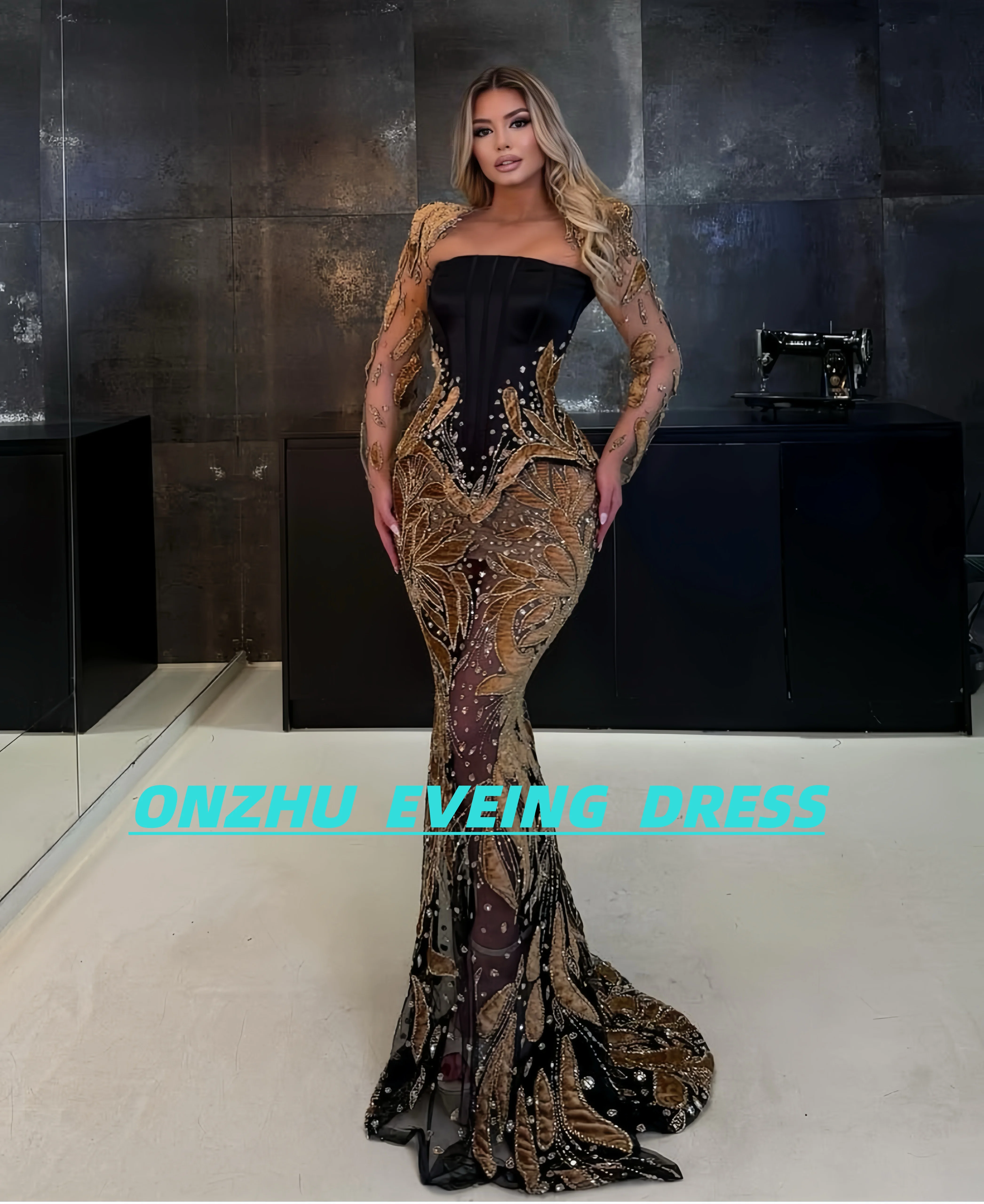 فساتين سهرة فاخرة مخصصة بدون حمالات وأكمام طويلة وخرز حورية البحر للمناسبات الخاصة فساتين الحفل