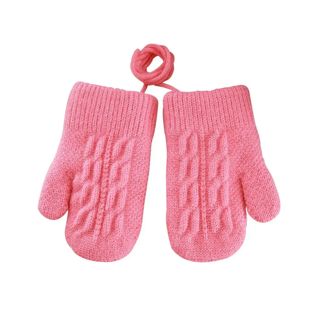 ถุงมือเด็กทารกสำหรับฤดูหนาว ถุงมือถักอุ่นแบบเต็มนิ้ว พร้อมสายคล้องคอ สำหรับเด็กแรกเกิดถึง 3 ปี