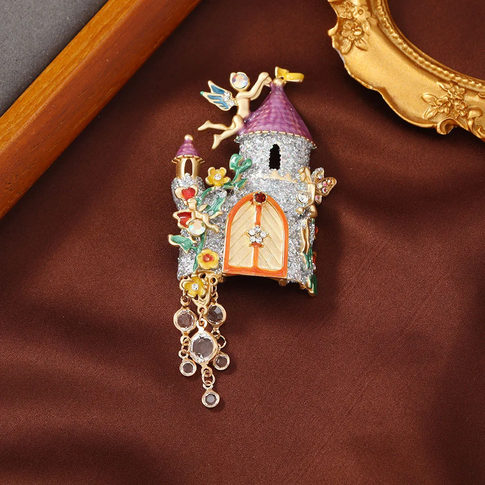 Luxury Crystal Enamel Castle Brooch Women Vintage Rhinestone Pearl Lapel Pin Coat Jewelry